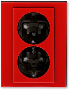 Фото ABB Levit 2CHH223457C6065 Розетка двойная с заземляющим контактом (16 А, шторки, в сборе, скрытая установка, красный/дымчатый чёрный)