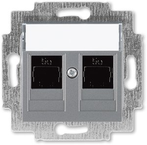 Фото ABB Levit 2CHH295118A6069 Розетка компьютерная (поле для надписи, 2хRJ45, под рамку, cat.5e, с/у, сталь/дымчатый черный)
