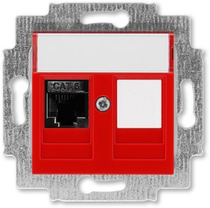 Фото ABB Levit 2CHH296117A6065 Розетка компьютерная (поле для надписи, RJ45+заглушка, под рамку, cat.6, с/у, красный/дымчатый черный)