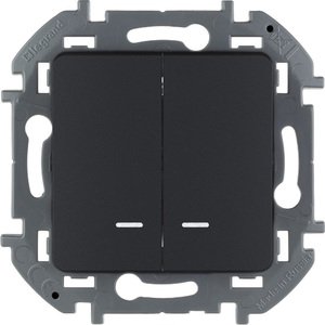 Фото Legrand Inspiria 673633 выключатель двухклавишный с подсветкой/индикацией для скрытого монтажа, цвет "Антрацит", номинальный ток 10 А, напряжение ~250В