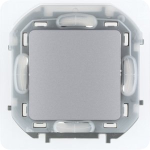 Фото Legrand Inspiria 673672 переключатель одноклавишный пылевлагозащитный для скрытого монтажа, цвет "Алюминий", номинальный ток 10 А, напряжение ~250В, степень пылевлагозащиты IP44