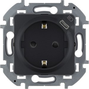 Фото Legrand Inspiria 673773 комбинированная розетка 2К+З с зарядным устройством USB тип С для скрытого монтажа, цвет "Антрацит". Максимальный ток розетки 16АХ, напряжение розетки ~250В, напряжение зарядного устройства =5В, максимальный зарядный ток 1500 мА.