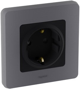 Фото Legrand Inspiria 673733 розетка с заземлением и интегрированными защитными шторками для скрытого монтажа, цвет "Антрацит". Максимальный ток 16 А, напряжение ~250В, максимальная мощность 3680 Вт.