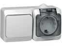 Schneider Electric Этюд BPA16-246C Блок комбинированный (1 кл.+1 роз., 16 А, в сборе, открытая установка, з/к, шторки, крышка, IP44, серый)